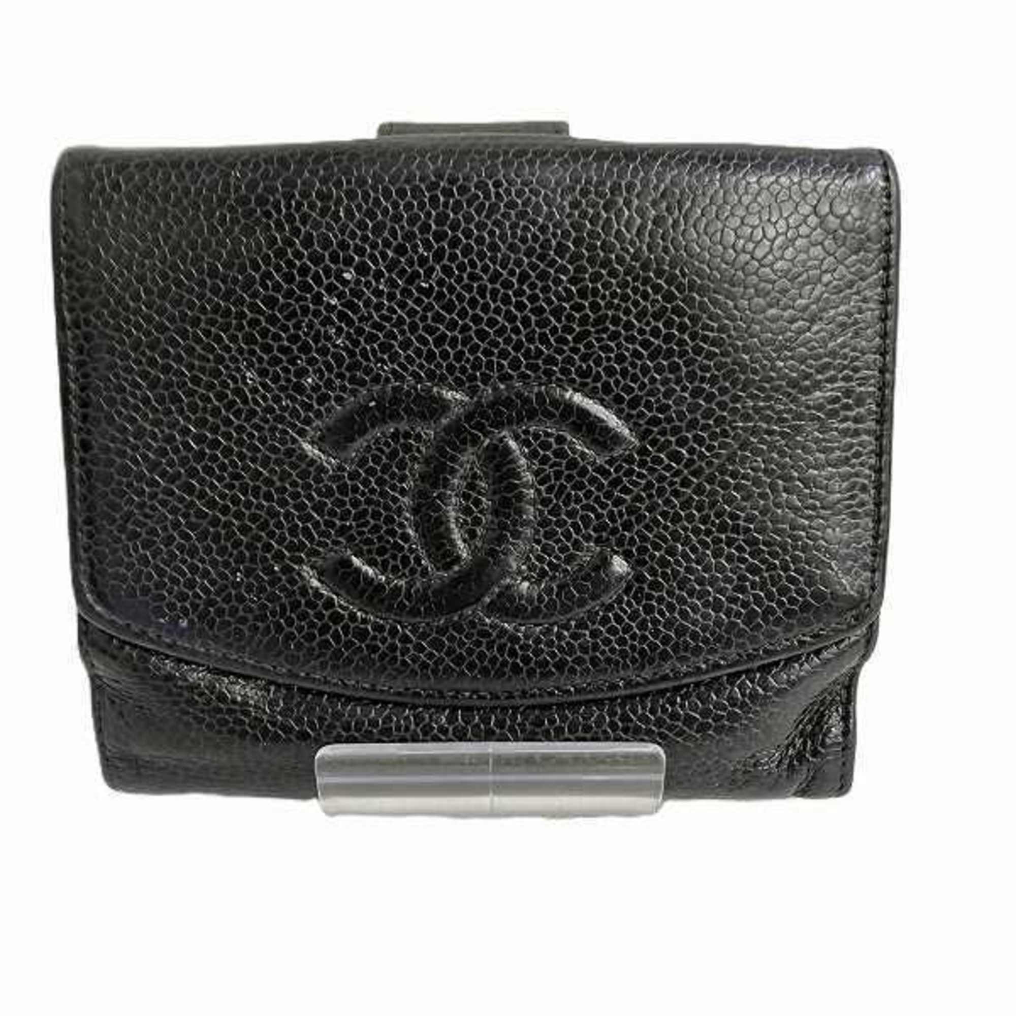 CHANEL Coco Mark Black Caviar Skin Double Bi-fold Wallet for Women