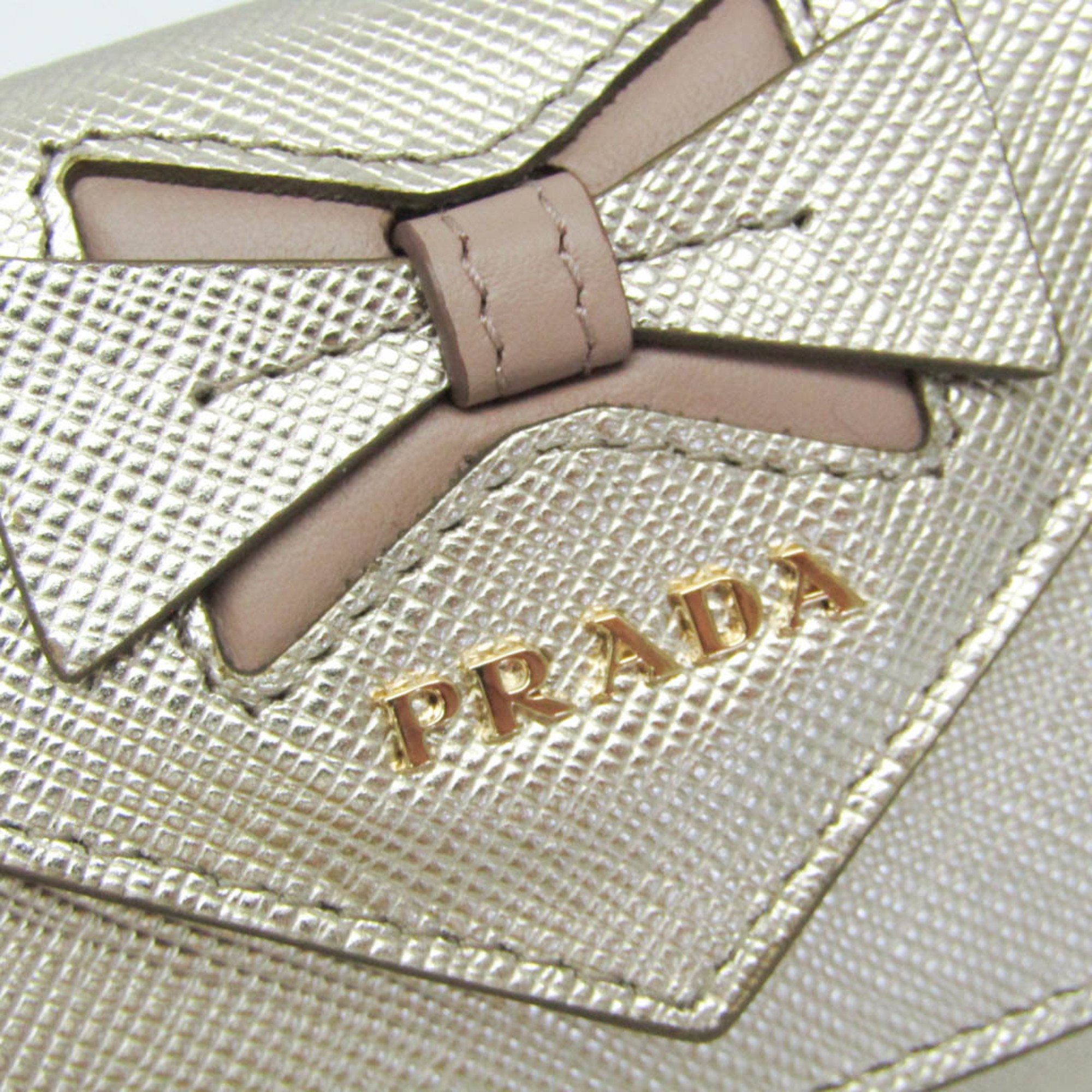 Prada Saffiano SAFFIANO FIOCCO 1MH021 Women's Leather Wallet (tri-fold) Champagne Gold,Pink Beige