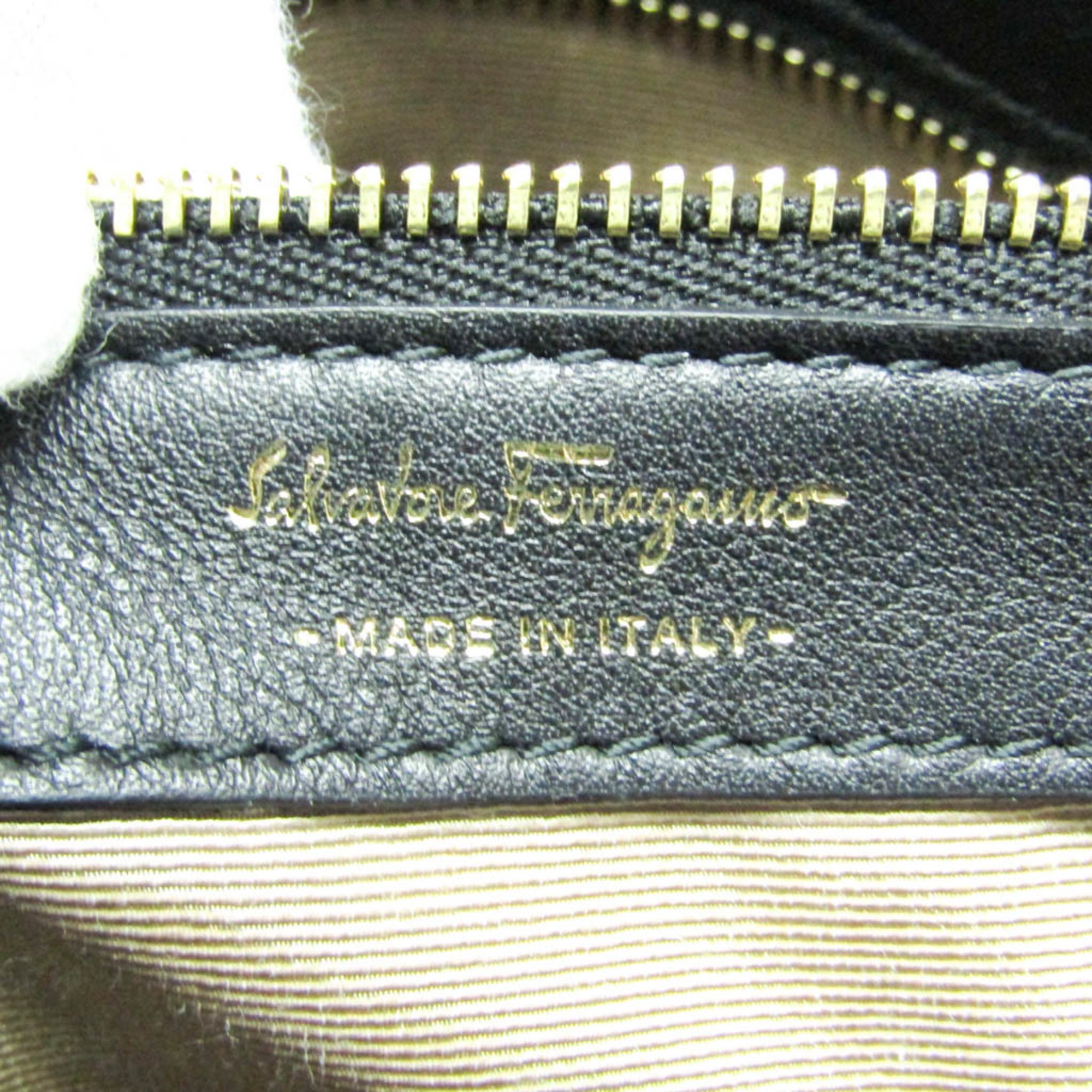 Salvatore Ferragamo GF-21G305 Women's Canvas,Leather Handbag Black,Off-white