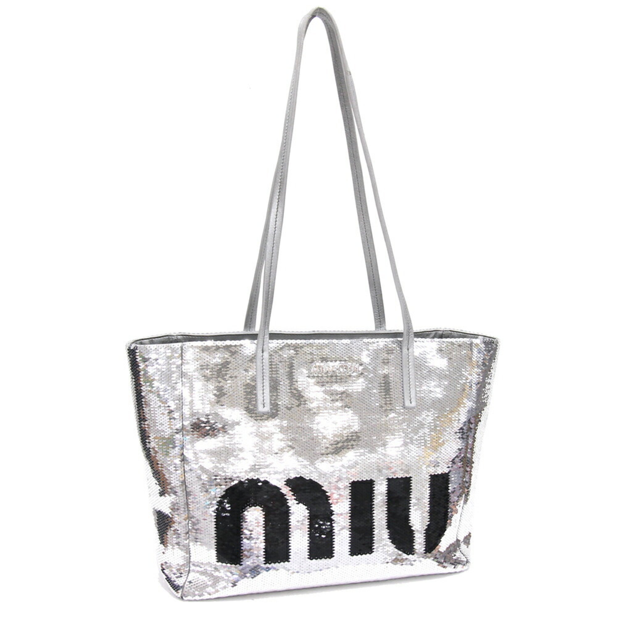 Miu Miu Miu Tote Bag 5BG147 Silver Black Sequin Leather Shopper Women's MIUMIU