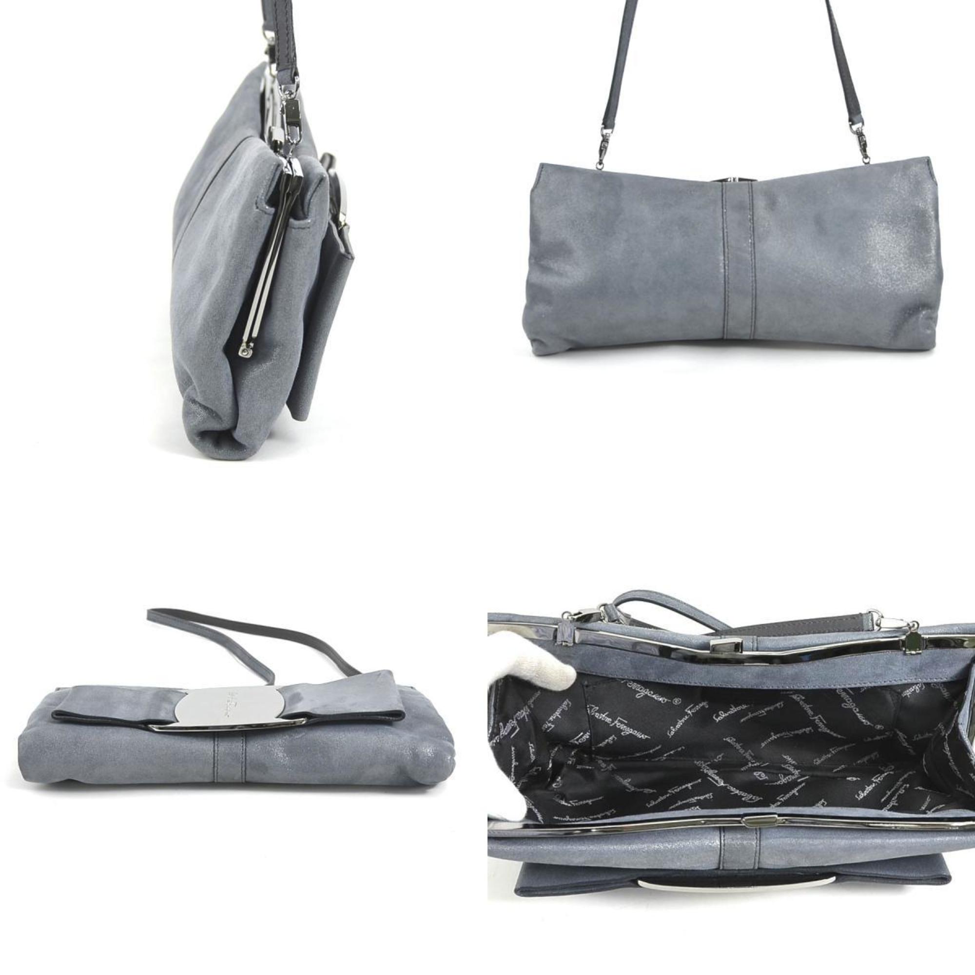 Salvatore Ferragamo Clutch Bag Shoulder Vara Ribbon Leather Metallic Gray Women's e58445f