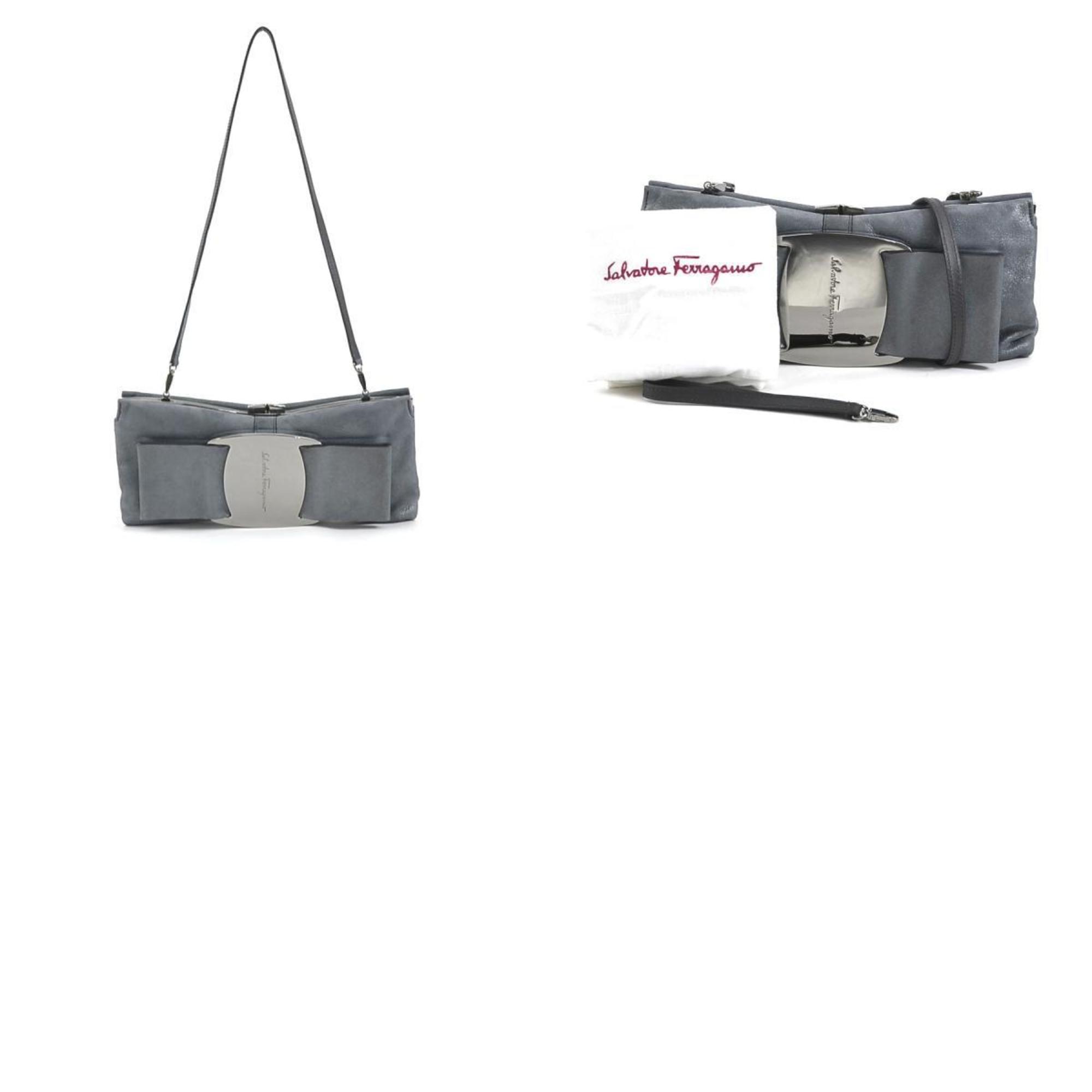 Salvatore Ferragamo Clutch Bag Shoulder Vara Ribbon Leather Metallic Gray Women's e58445f