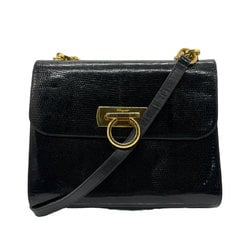 Salvatore Ferragamo Shoulder Bag Gancini Embossed Leather Black Gold Women's z0349