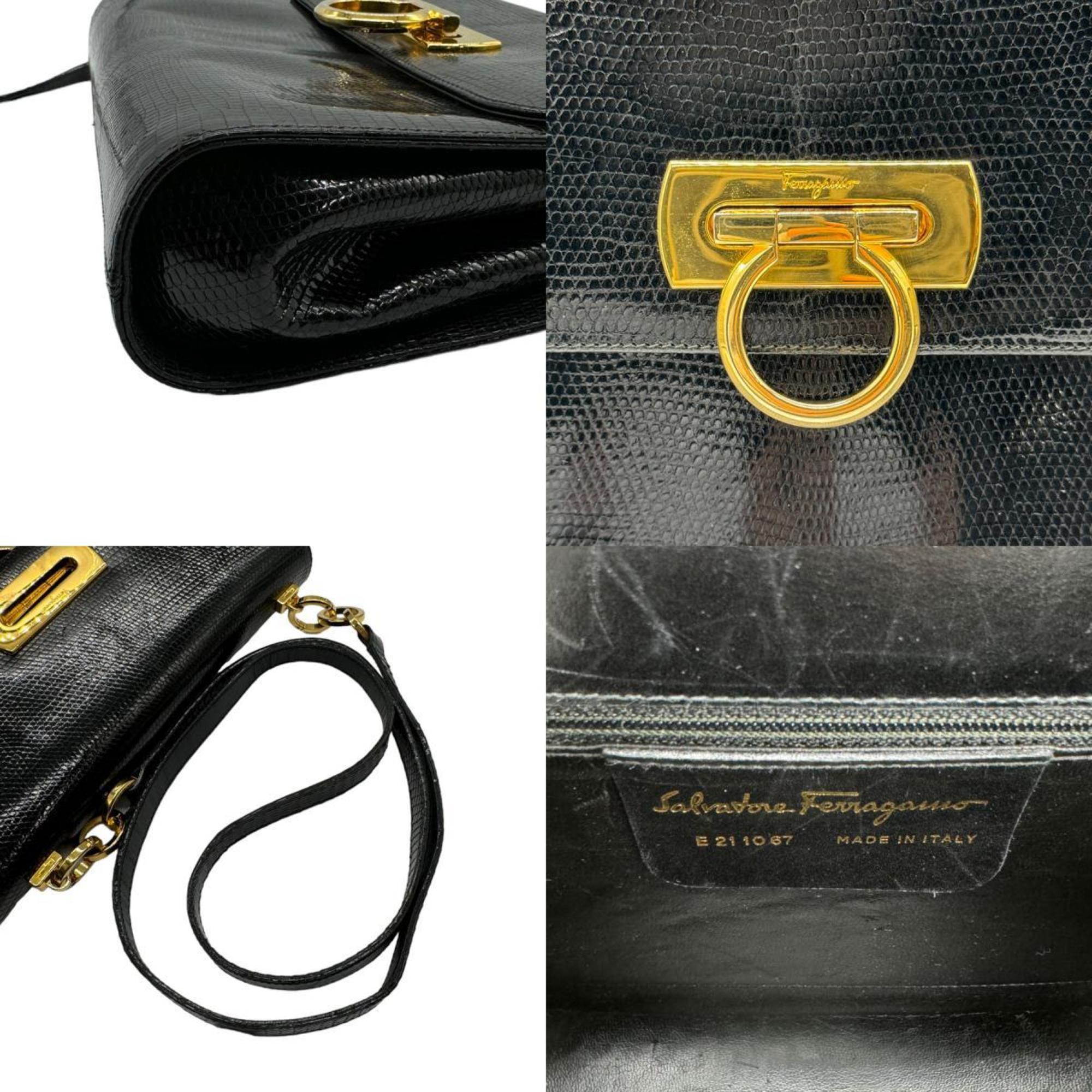 Salvatore Ferragamo Shoulder Bag Gancini Embossed Leather Black Gold Women's z0349