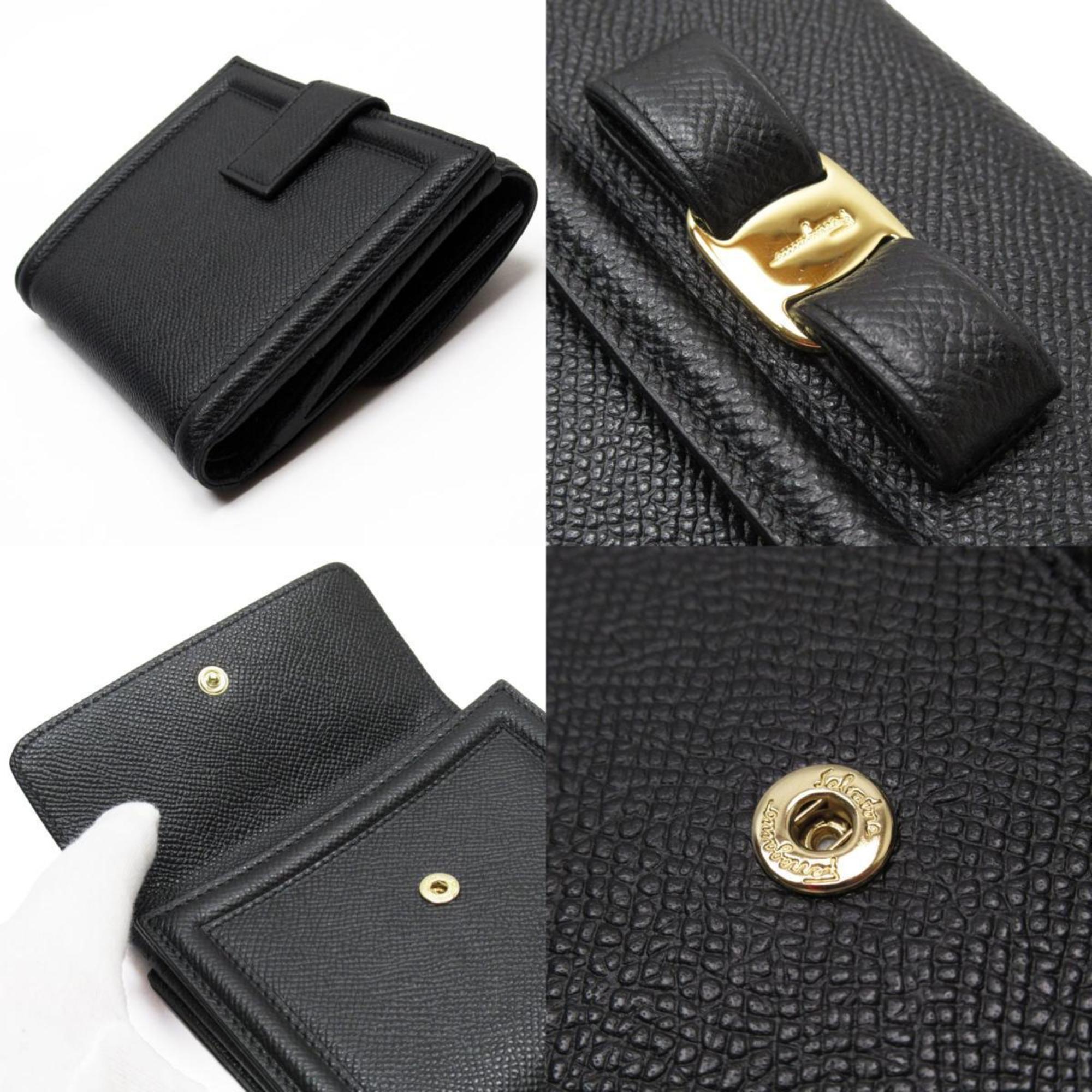 Salvatore Ferragamo Bi-fold Wallet Vara Ribbon Leather Black Gold Women's w0131g