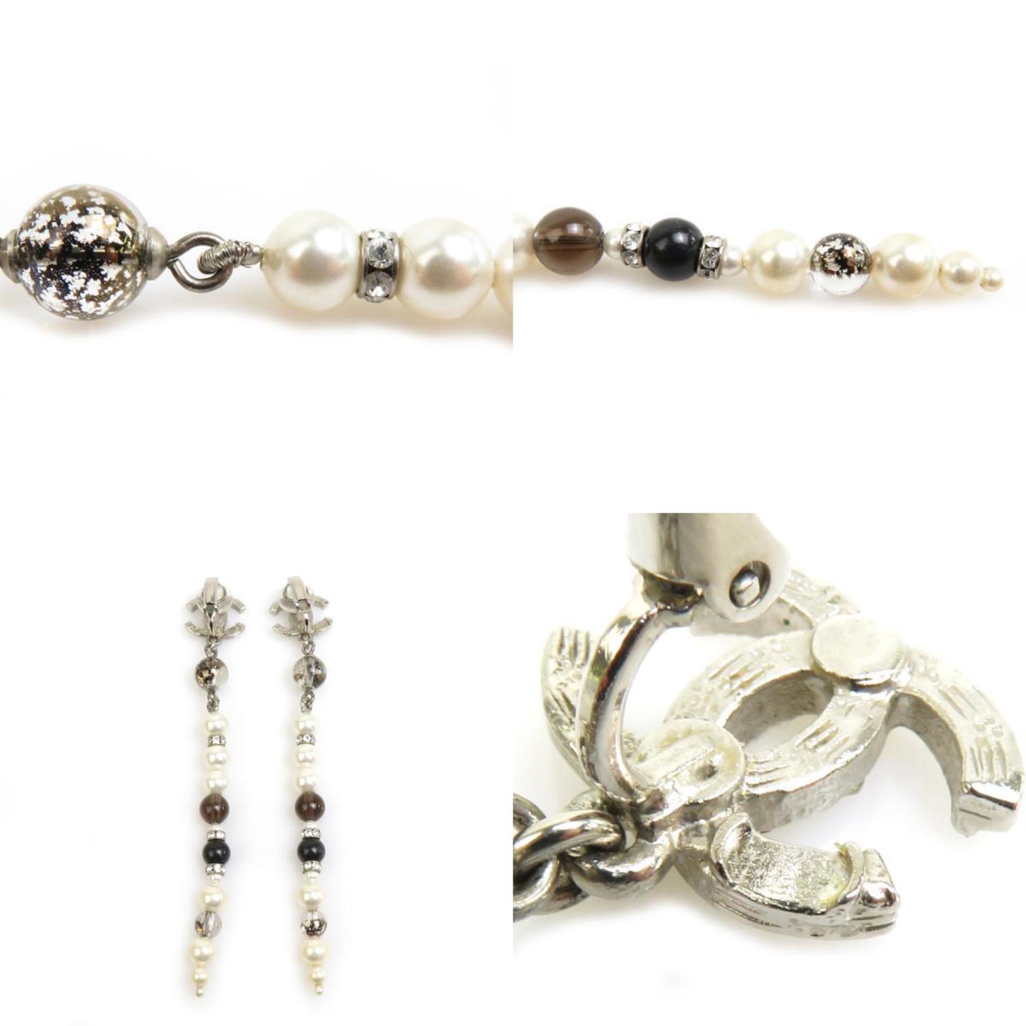 CHANEL Earrings Coco Mark Metal/Faux Pearl/Rhinestone Silver/White/Black Women's e58489a