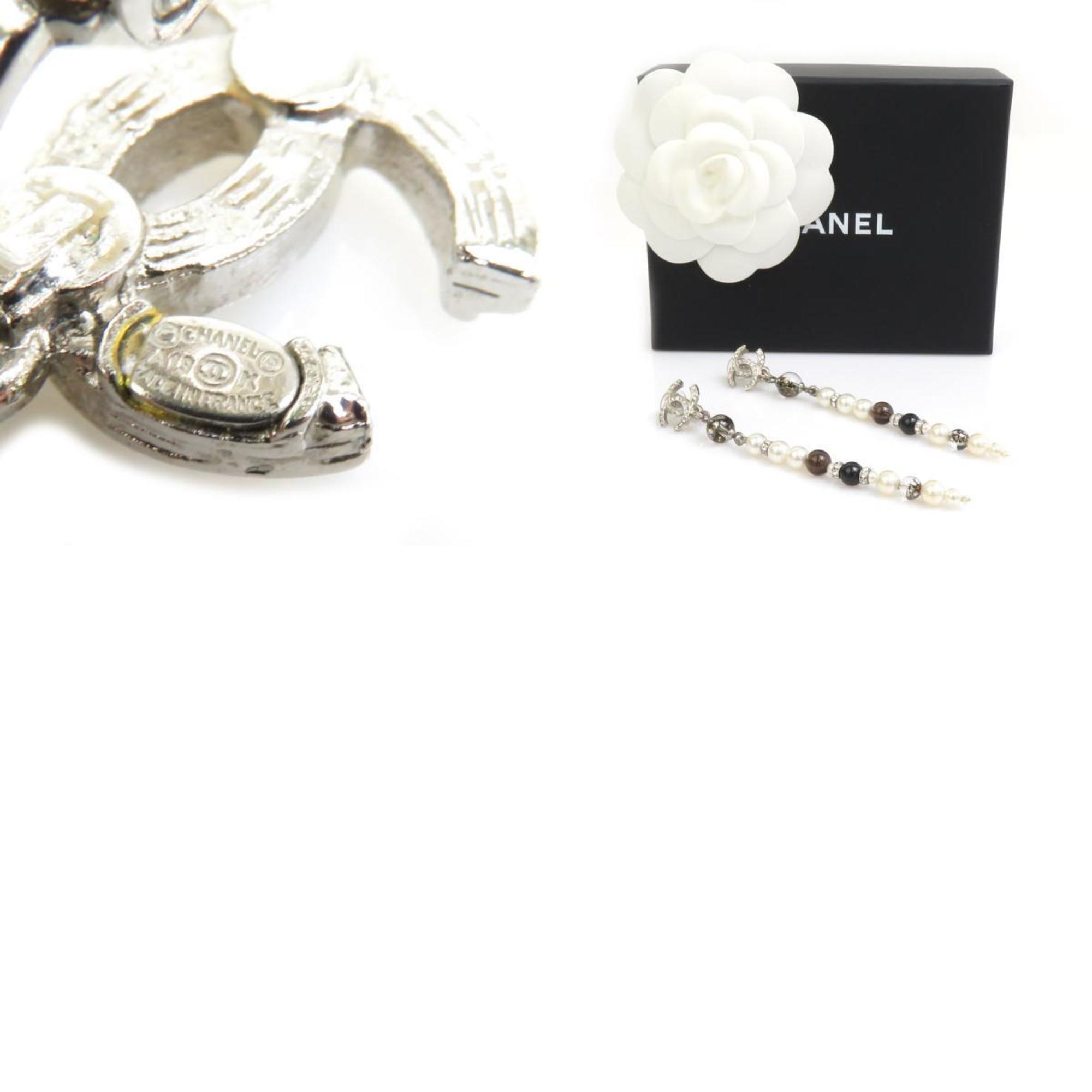 CHANEL Earrings Coco Mark Metal/Faux Pearl/Rhinestone Silver/White/Black Women's e58489a