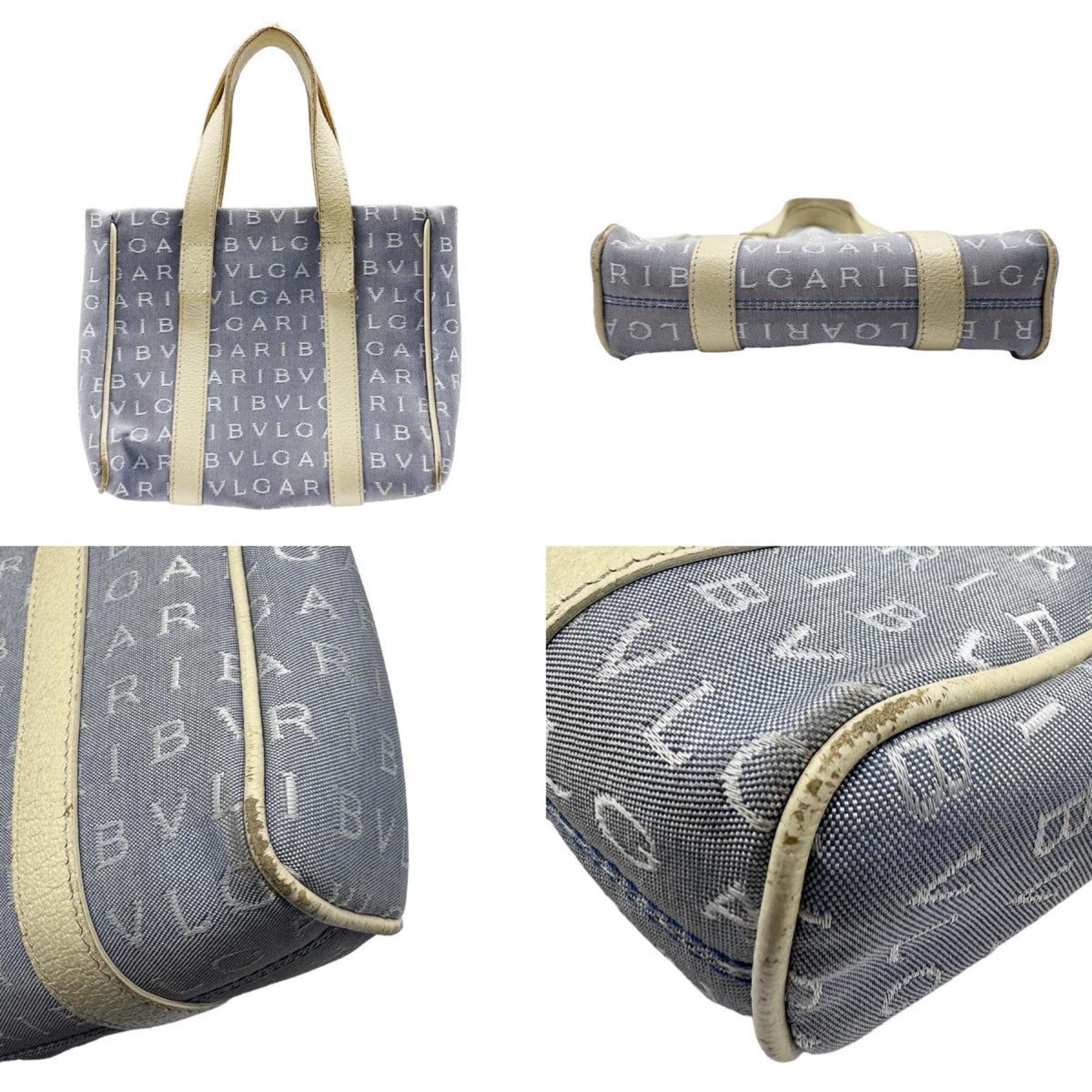BVLGARI Handbag Canvas/Leather Light Blue x Ivory Unisex z0407