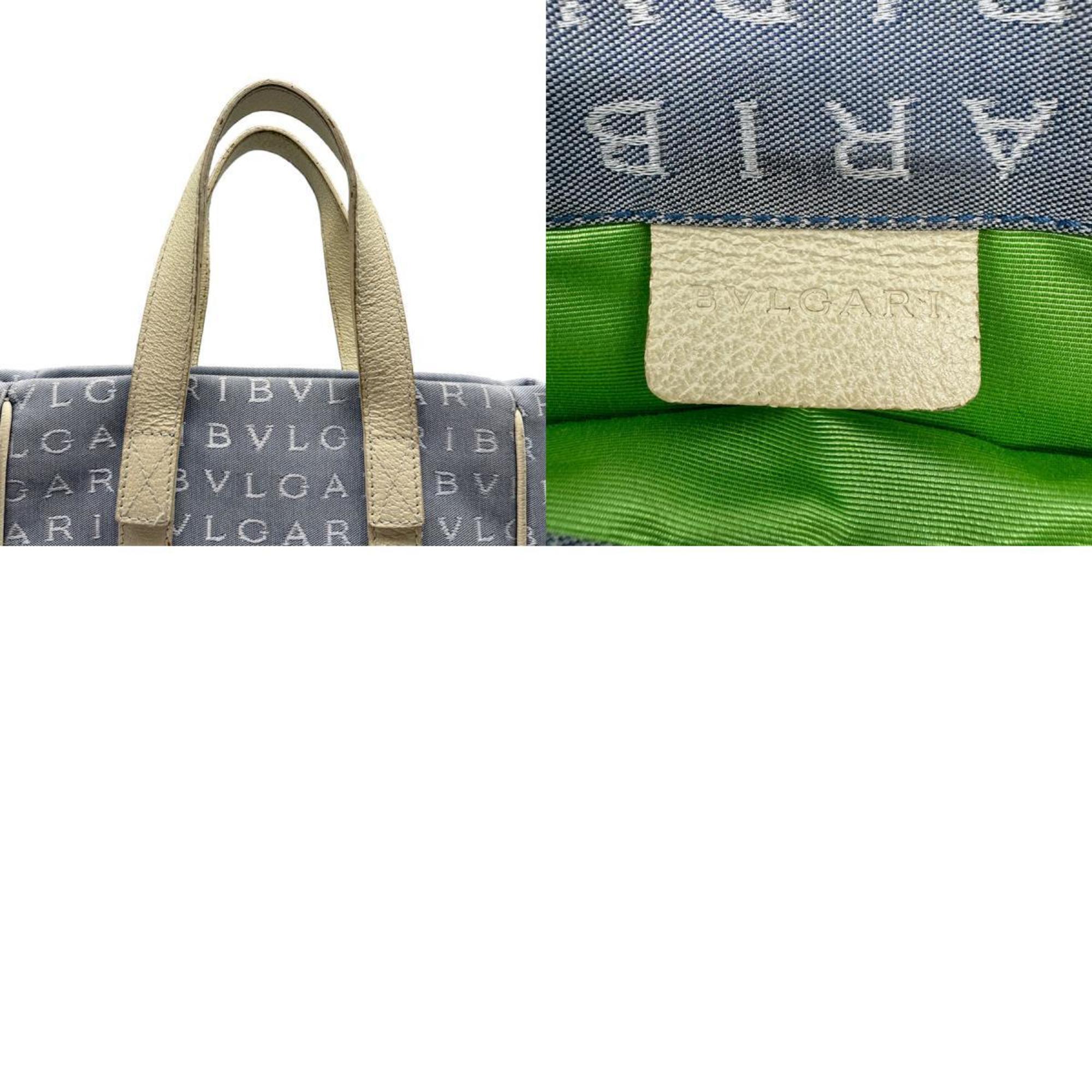 BVLGARI Handbag Canvas/Leather Light Blue x Ivory Unisex z0407