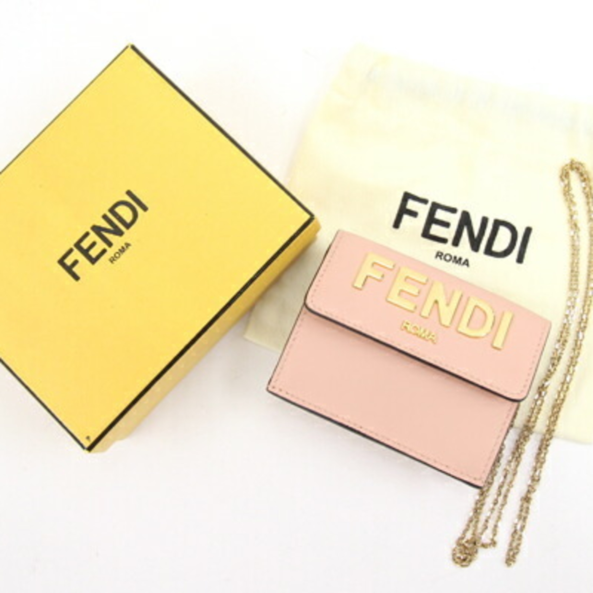 FENDI Tri-fold Wallet 8M0481 Pink Beige Leather Compact Women's
