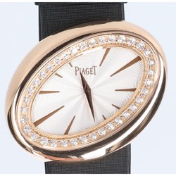 PIAGET P10442 750PG Diamond Magic Hour Satin Leather Strap Quartz Wristwatch Black x Pink Gold Women's
