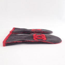 CHANEL CC Coco Mark Mouton Mitten Gloves 7 1 2 Black Red Women's