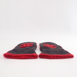 CHANEL CC Coco Mark Mouton Mitten Gloves 7 1 2 Black Red Women's