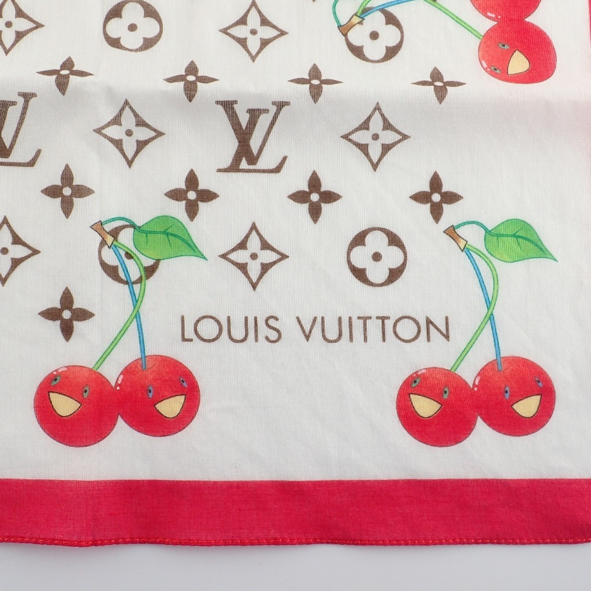 LOUIS VUITTON Louis Vuitton Takashi Murakami Monogram Cherry 100% Cotton Scarf White Women's