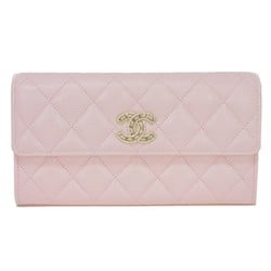 Chanel CHANEL Long Wallet 19 Flap 3 Matelasse Crystal Coco Mark Light Pink AP2740 Women's Billfold