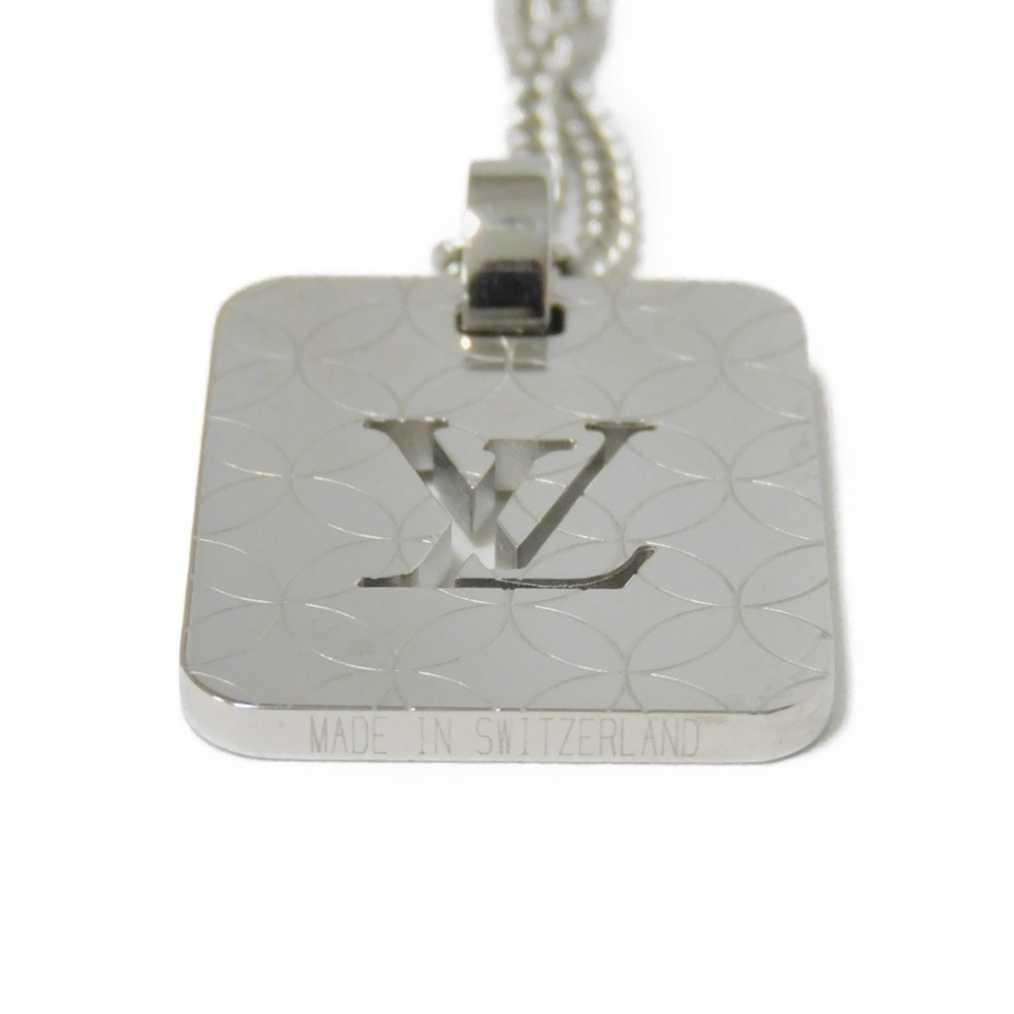 Louis Vuitton Necklace Champs Elysees PM Pendant LV Signature Monogram Flower Stainless Steel Silver M65452 Men's Women's