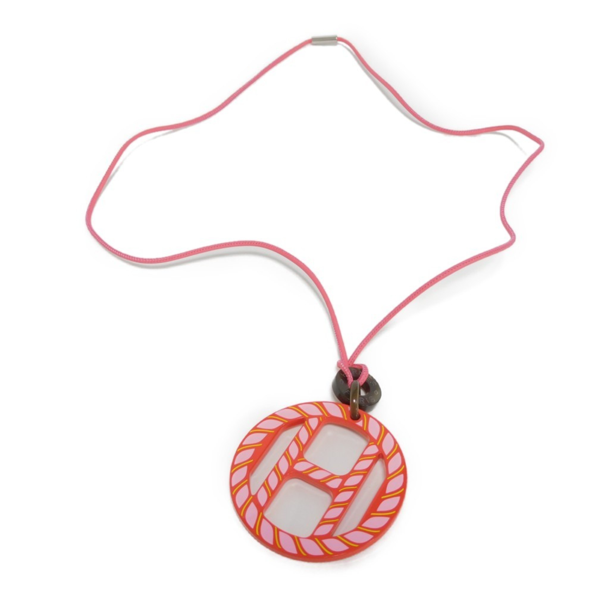 Hermes HERMES Necklace H Equipe Nautic Mark Pendant Pink Red Rope Buffalo Horn Lacquer Tropic Women's