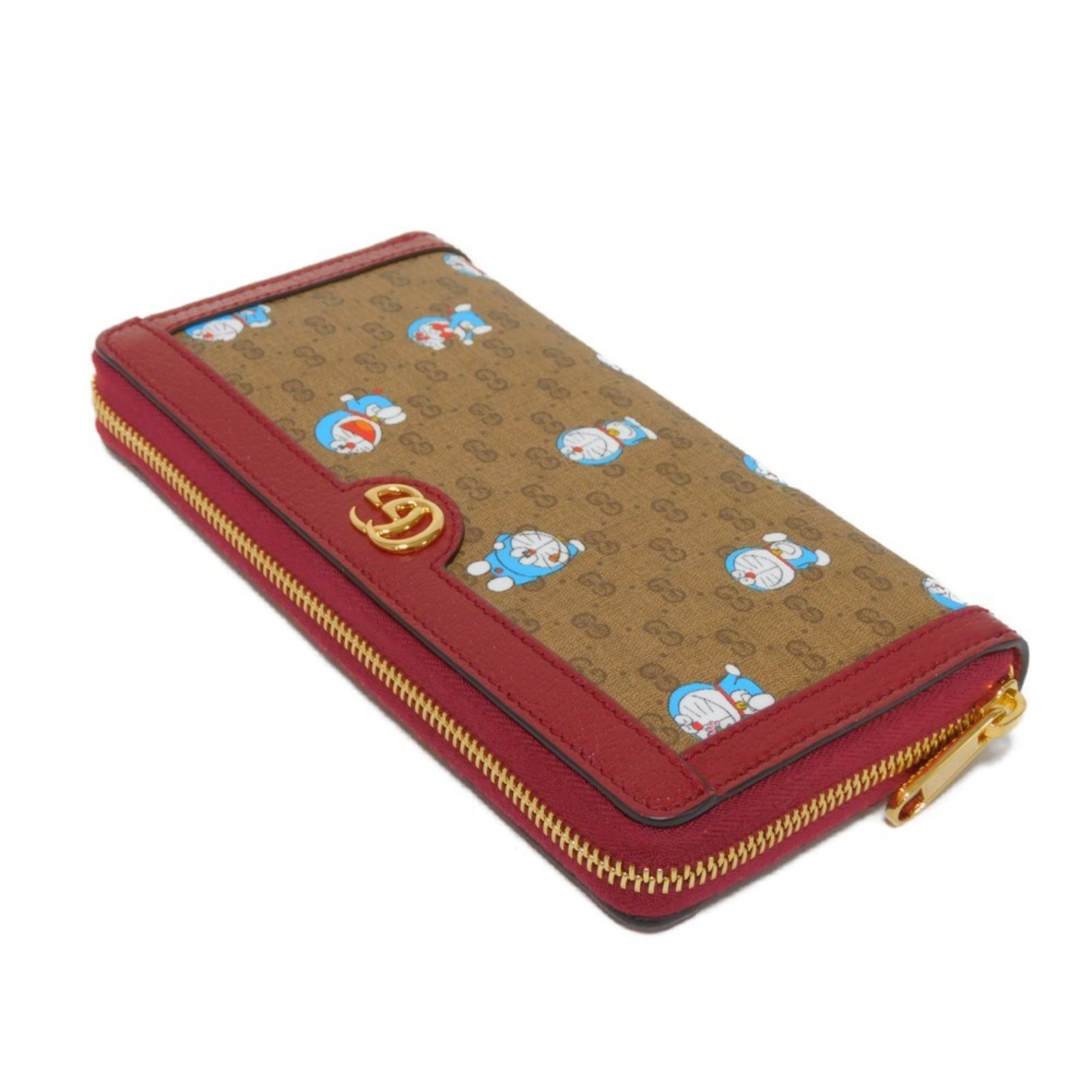 Gucci GUCCI Long Wallet Zip Around Doraemon Brown Red Round GG Supreme 647787 2TUBG 8580 Men's Women's Billfold