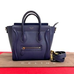 CELINE Luggage Nano Leather 2way Handbag Shoulder Bag Pochette Navy 0otk4119