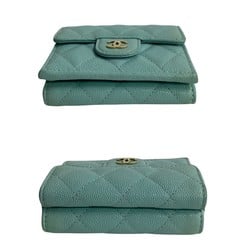 CHANEL Chanel Matelasse Coco Mark Matte Caviar Skin Leather Tri-fold Wallet Light Blue 30271