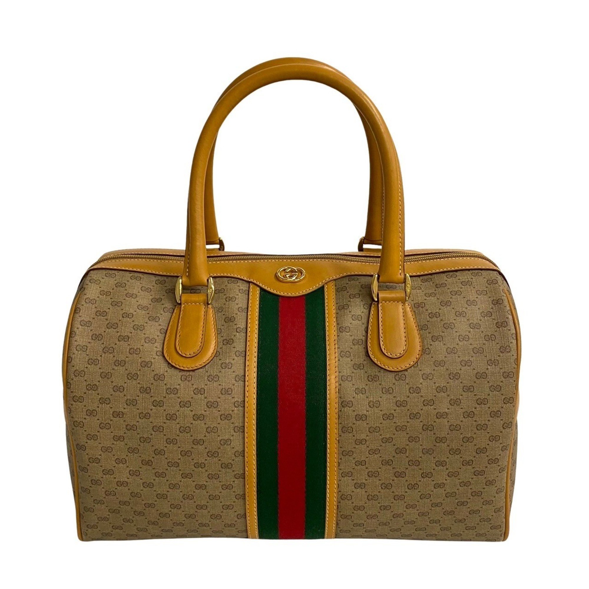 GUCCI Old Gucci Sherry Line Micro GG Leather Handbag Boston Bag Brown 27797