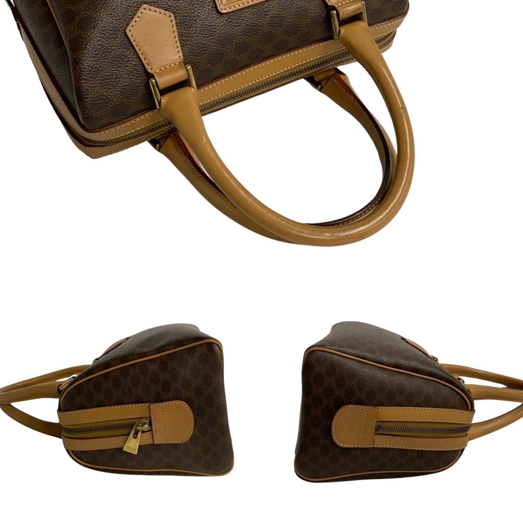 CELINE Macadam Blason Triomphe Pattern Leather Handbag Boston Bag Brown 21070