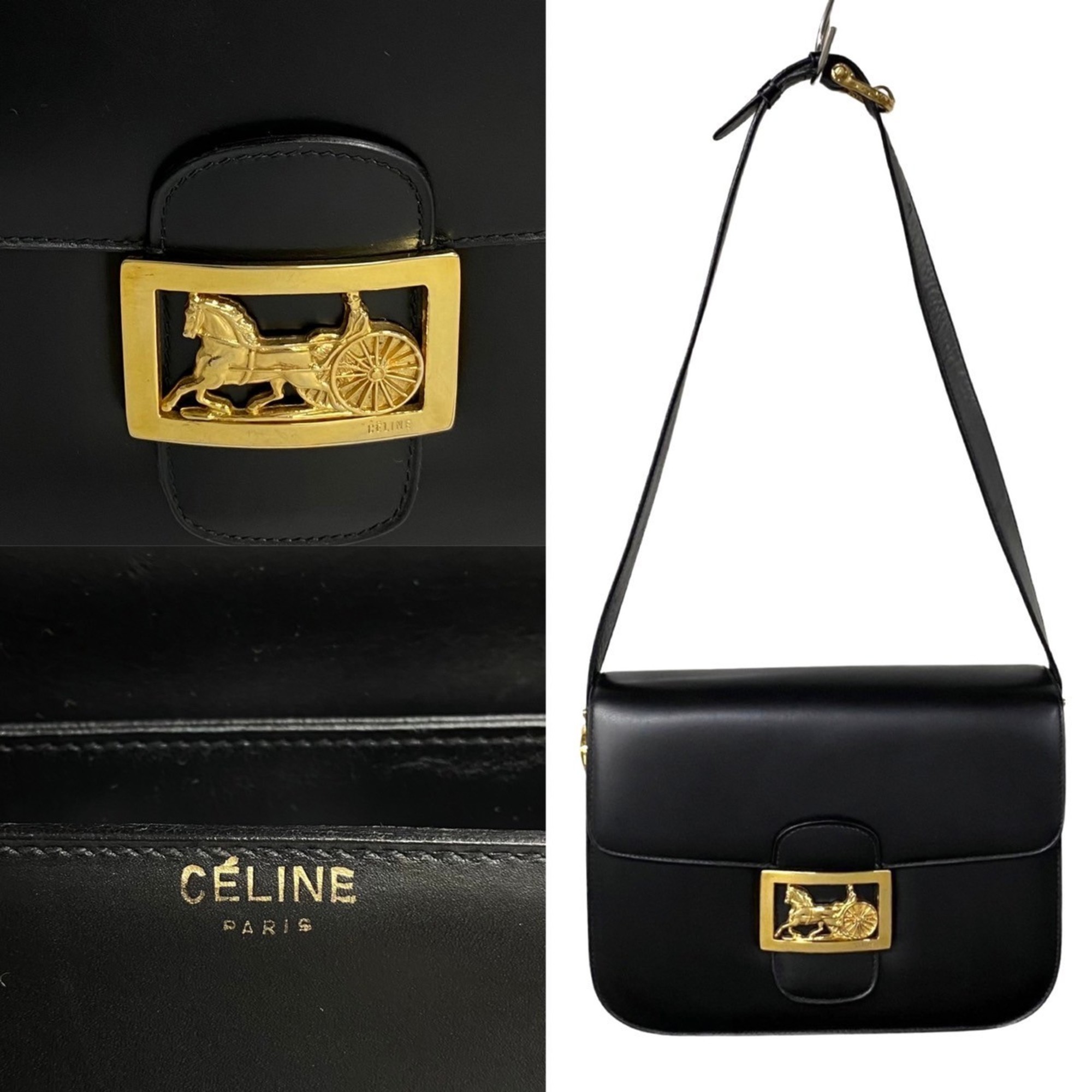 CELINE Horse Carriage Calf Leather Shoulder Bag Sacoche Black 81065