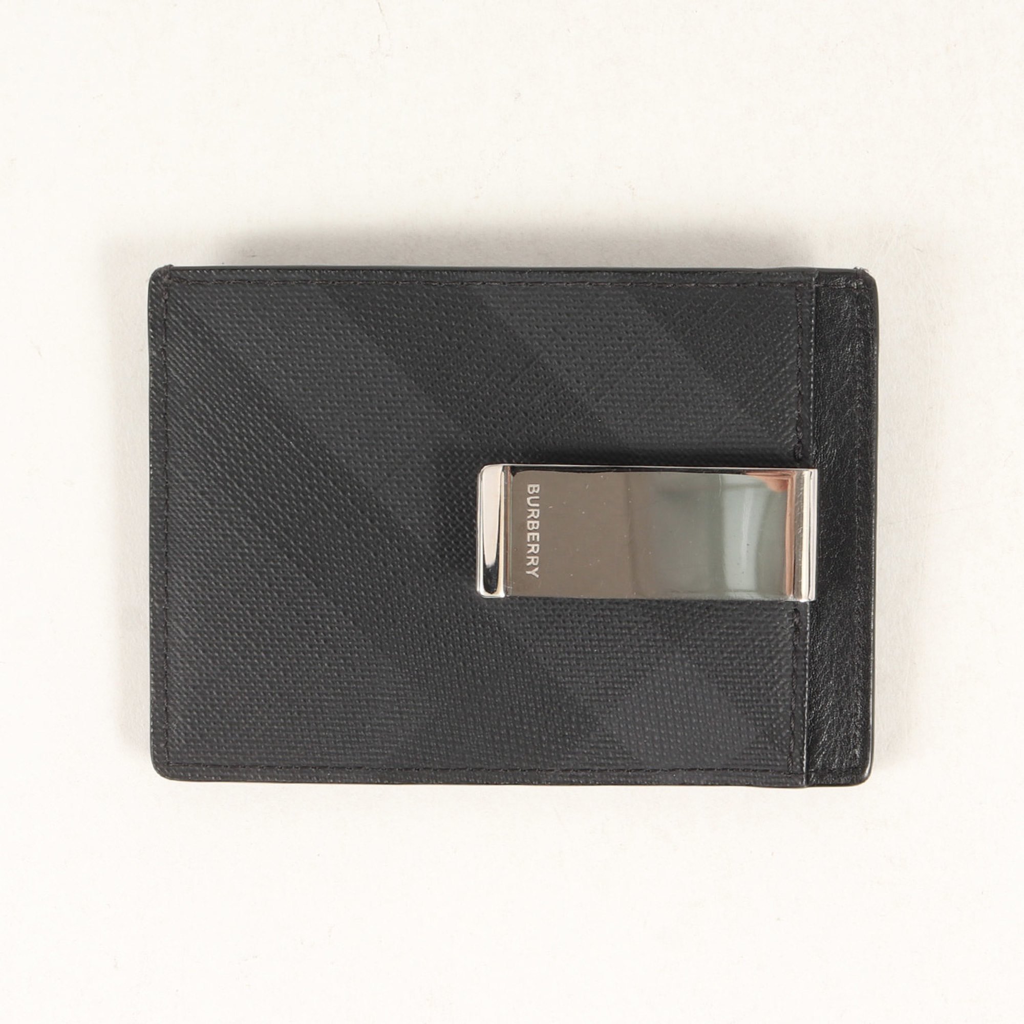 BURBERRY Check leather card case with money clip / business holder pass black