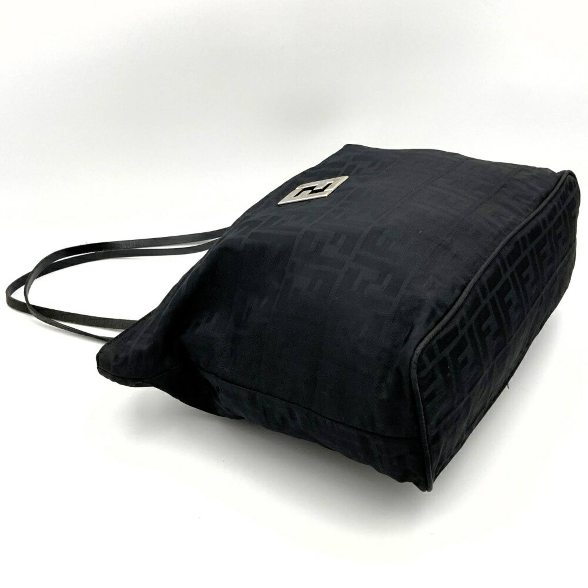 FENDI Tote Bag Handbag Zucca Pattern Metal Fittings Black Nylon Leather Women's