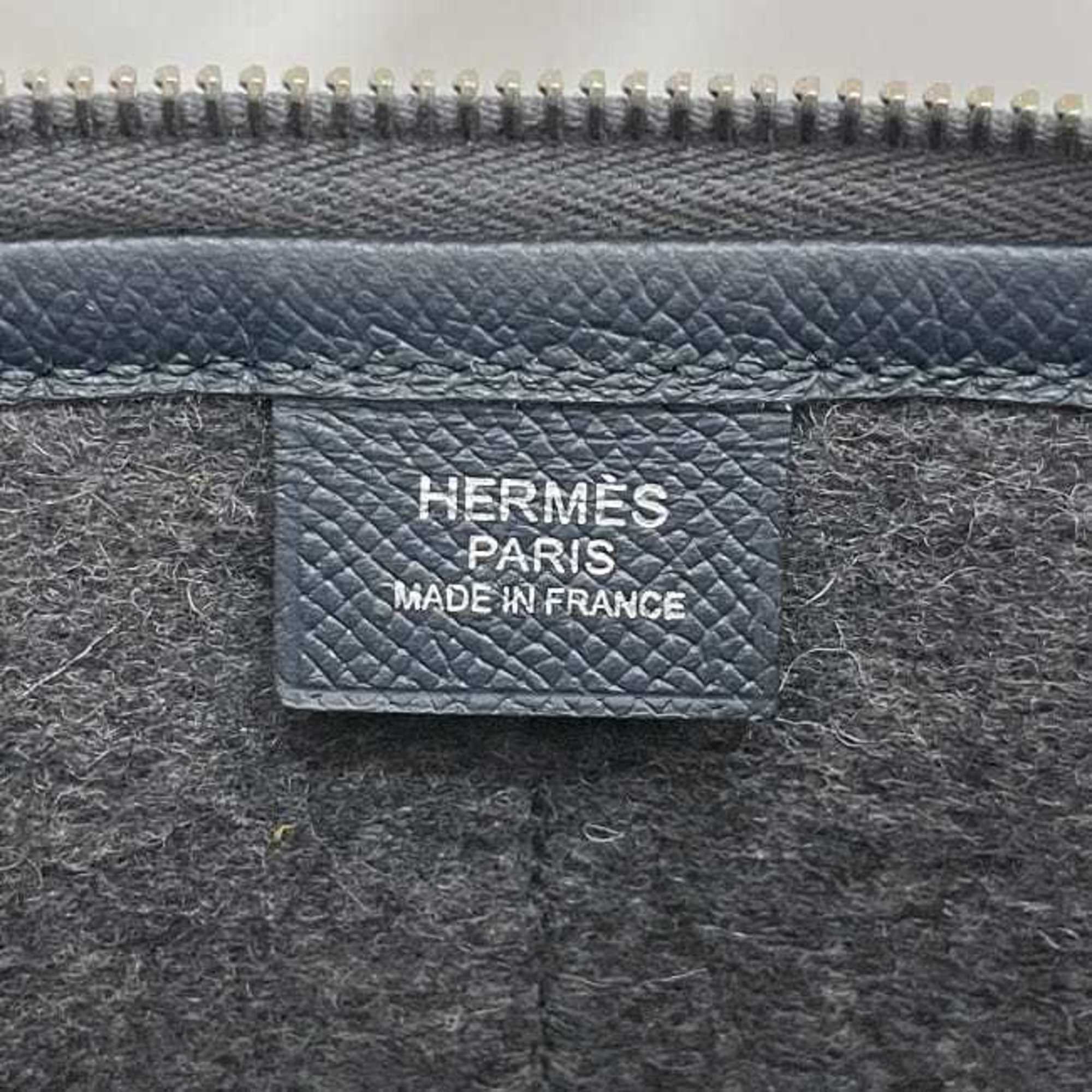 Hermes clutch bag Toudou 29 gray navy green f-19988 felt leather Epson C stamp HERMES D-ring men's women's handbag