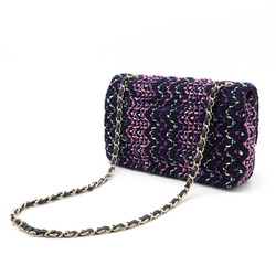 CHANEL Tweed Chain Shoulder Bag Pochette Leather Navy Blue Pink Purple