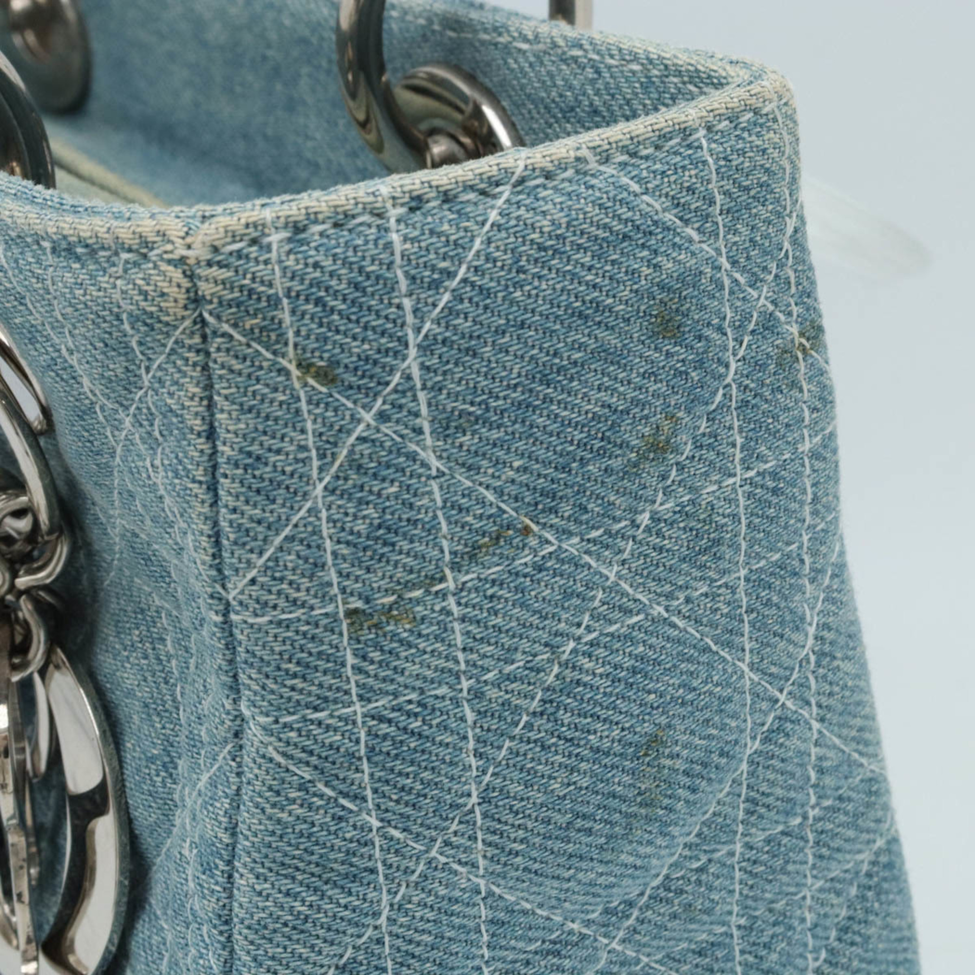 Christian Dior Lady Cannage Handbag Shoulder Bag Denim Light Blue Clear