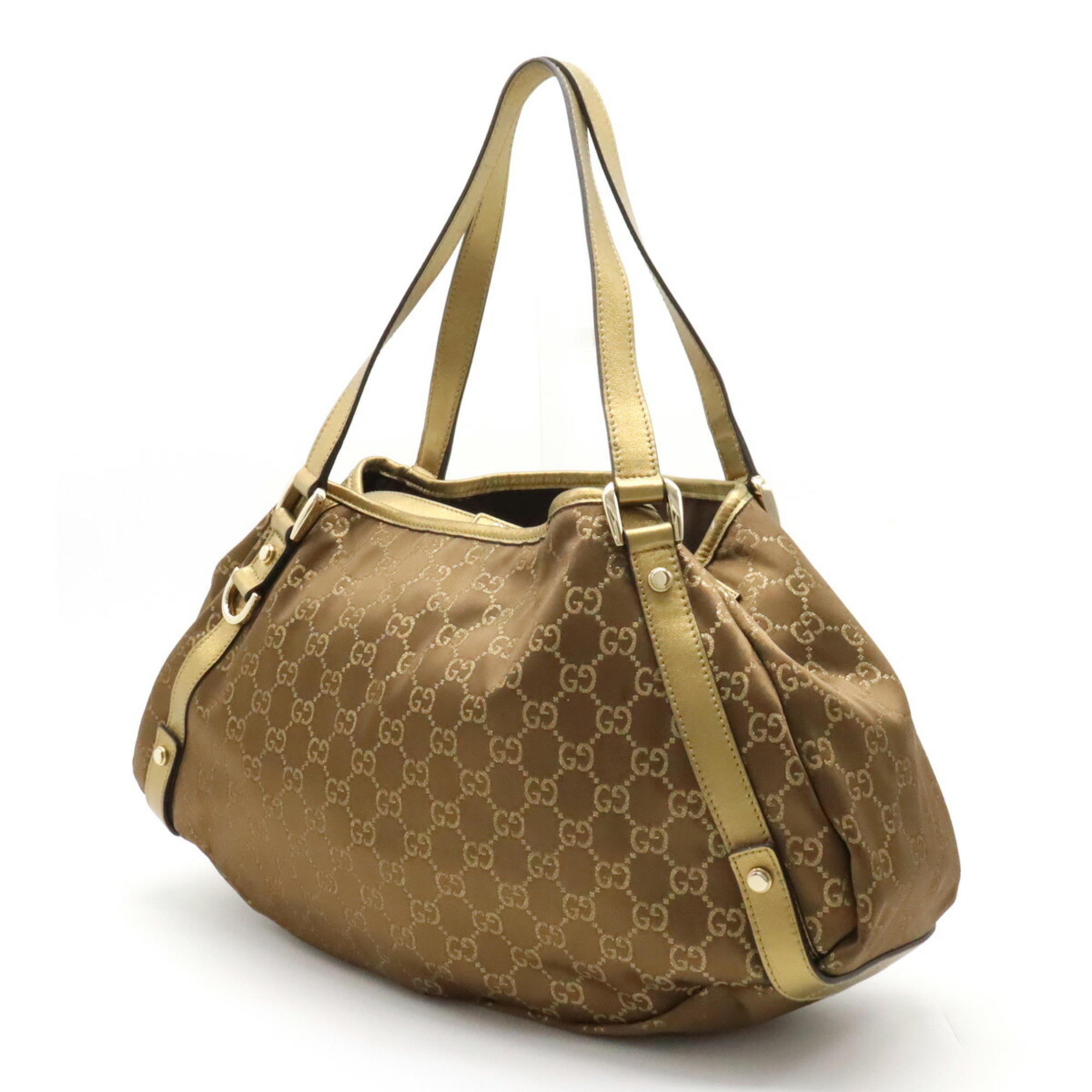 GUCCI GG Canvas Abby Tote Bag Shoulder Metallic Leather Gold Brown 130736