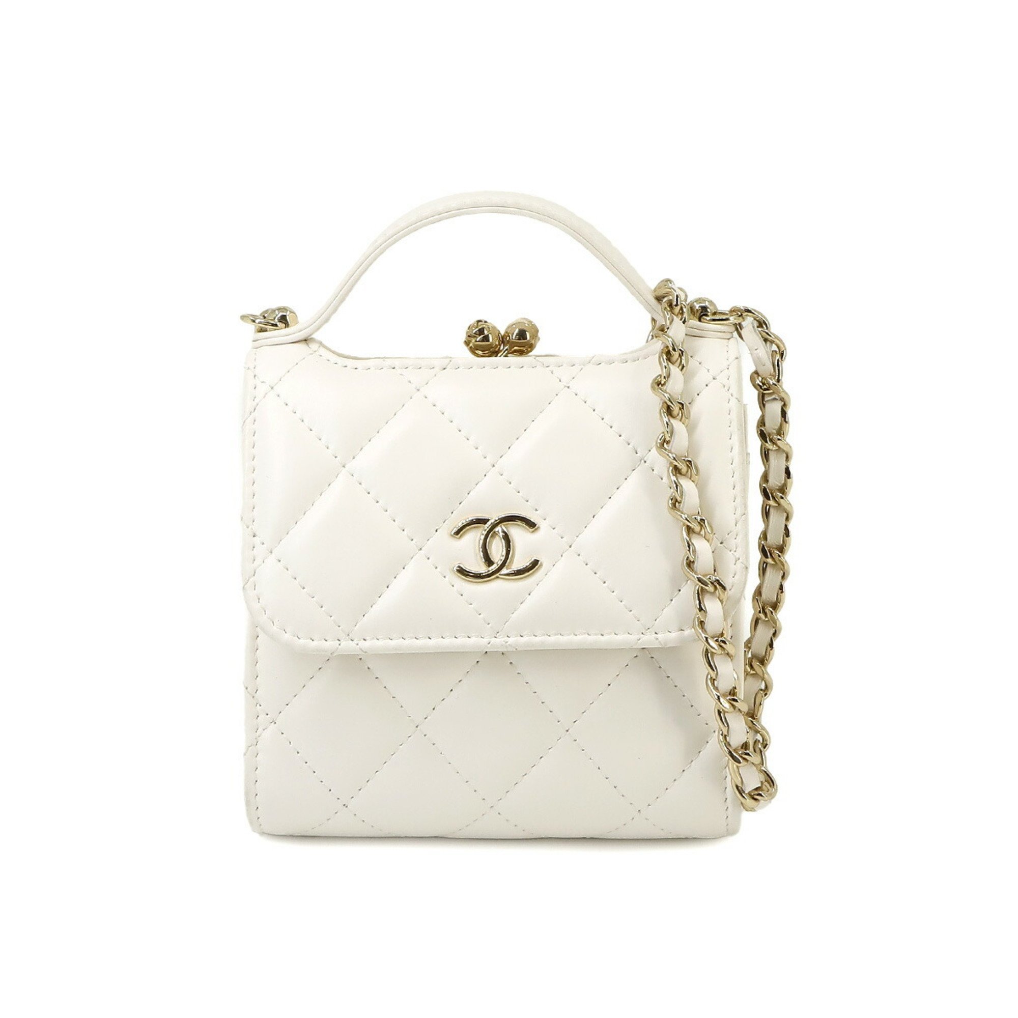 CHANEL Matelasse Chain Coin Case, Leather, White, AP2837, Gold Hardware, Case