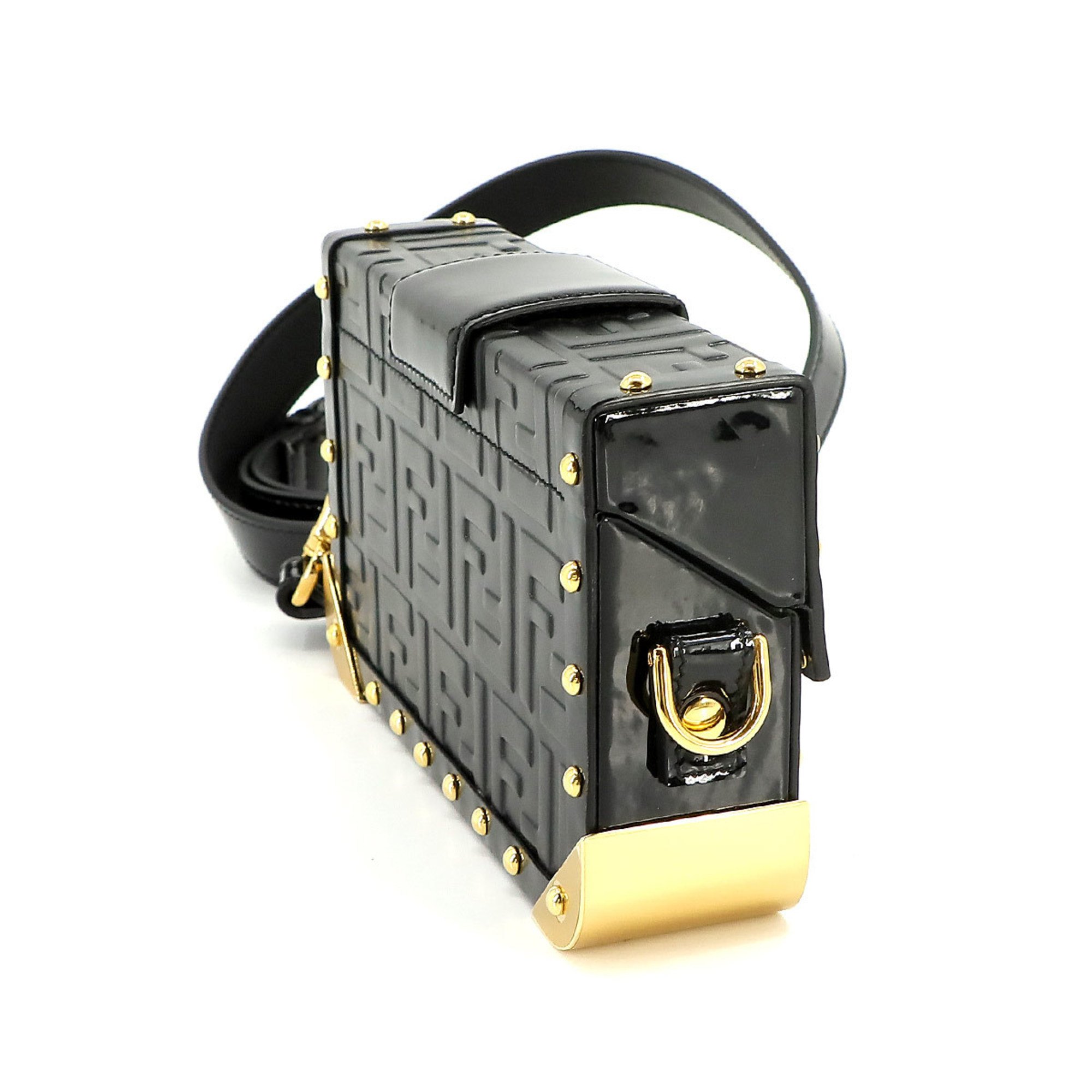 FENDI Baguette Trunk Small Shoulder Bag Patent Leather Black 7VA507