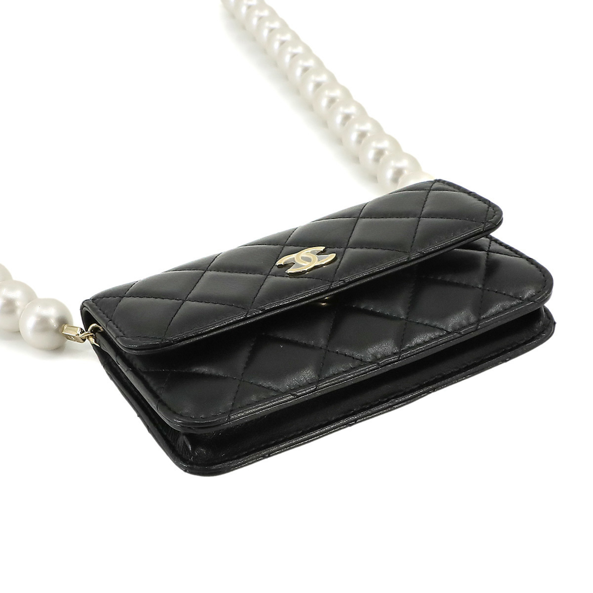 CHANEL Matelasse Chain Coin Case, Leather, Black, Faux Pearl, AP1898