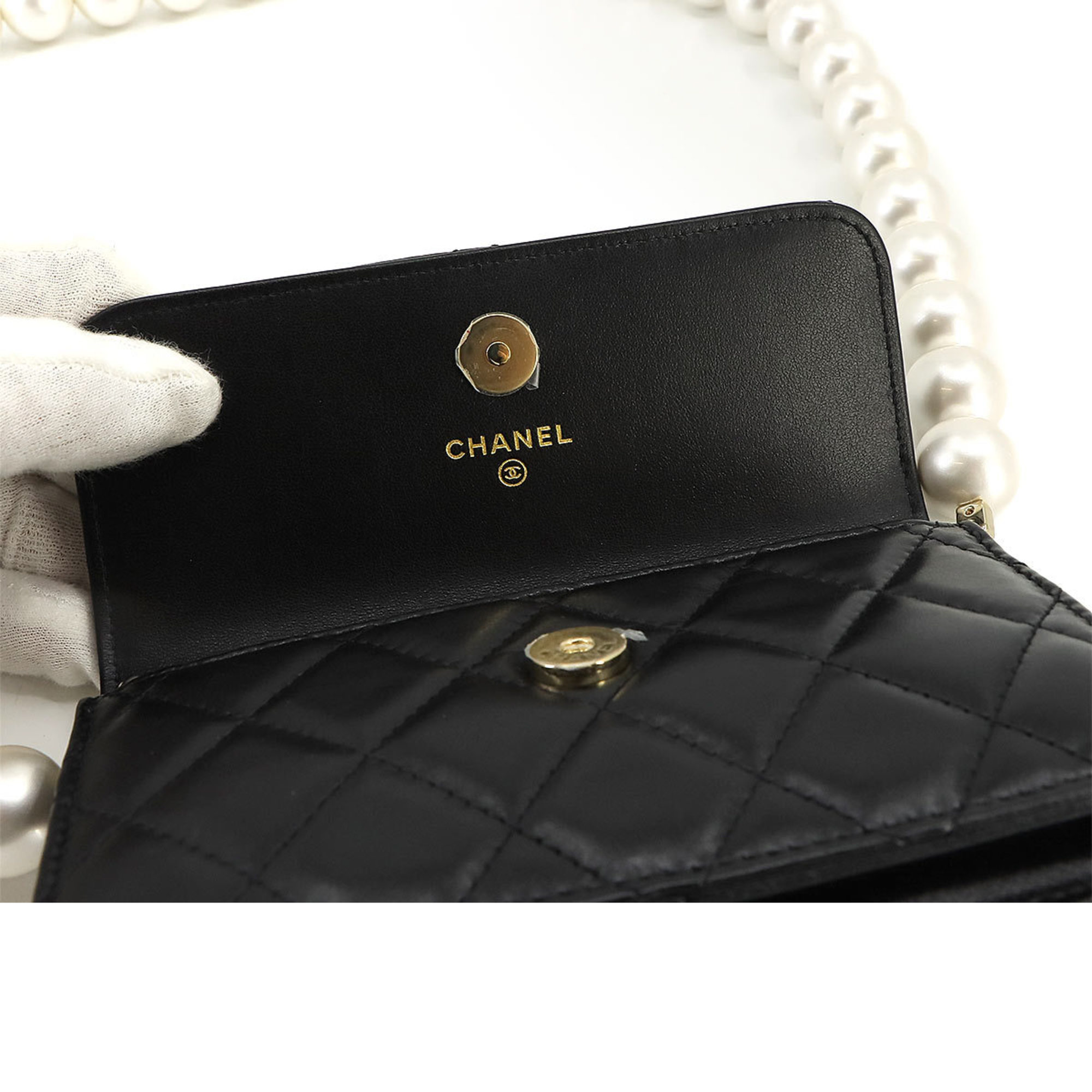 CHANEL Matelasse Chain Coin Case, Leather, Black, Faux Pearl, AP1898
