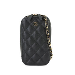 CHANEL Matelasse Phone Holder Chain Shoulder Bag Caviar Skin Leather Black A70655 Gold Hardware Case