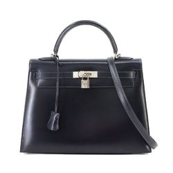 Hermes Kelly 32 2way hand shoulder bag, box calf, blue marine, G stamp, outside stitching, guilloche, silver hardware,