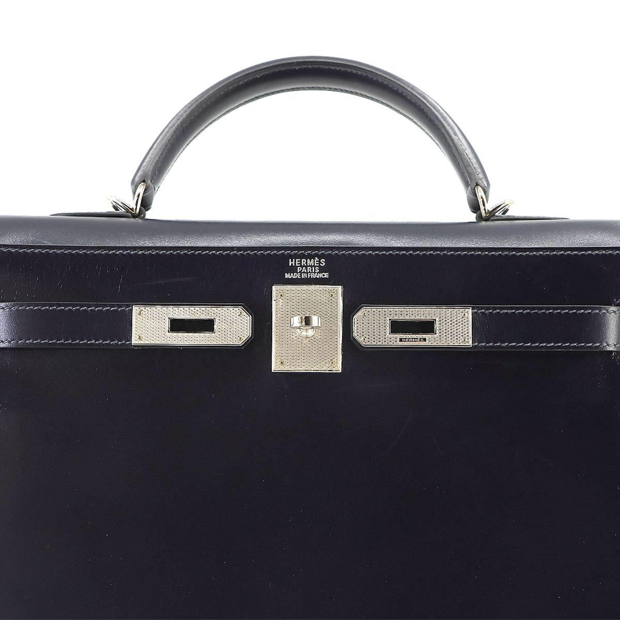 Hermes Kelly 32 2way hand shoulder bag, box calf, blue marine, G stamp, outside stitching, guilloche, silver hardware,