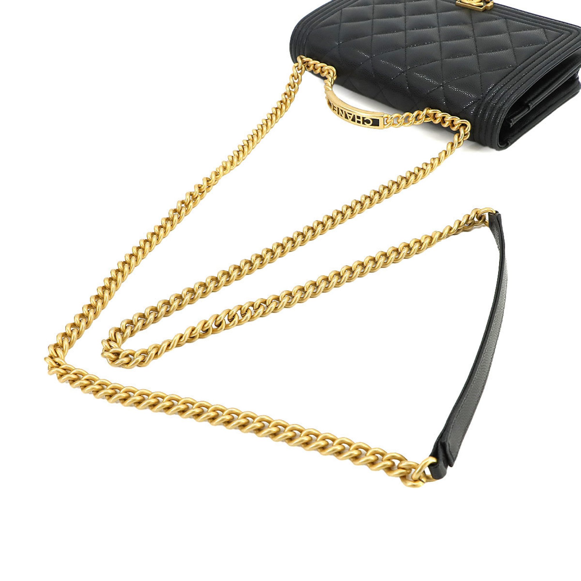 CHANEL Boy Chanel Chain Wallet Long Caviar Skin Black Gold Metal Fittings