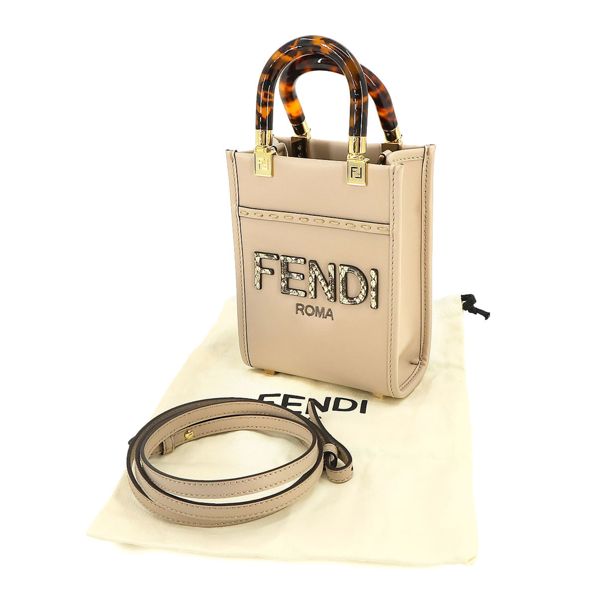 FENDI Sunshine Shopper 2way Hand Shoulder Bag Leather Elaf Grey 8BS051 Mini