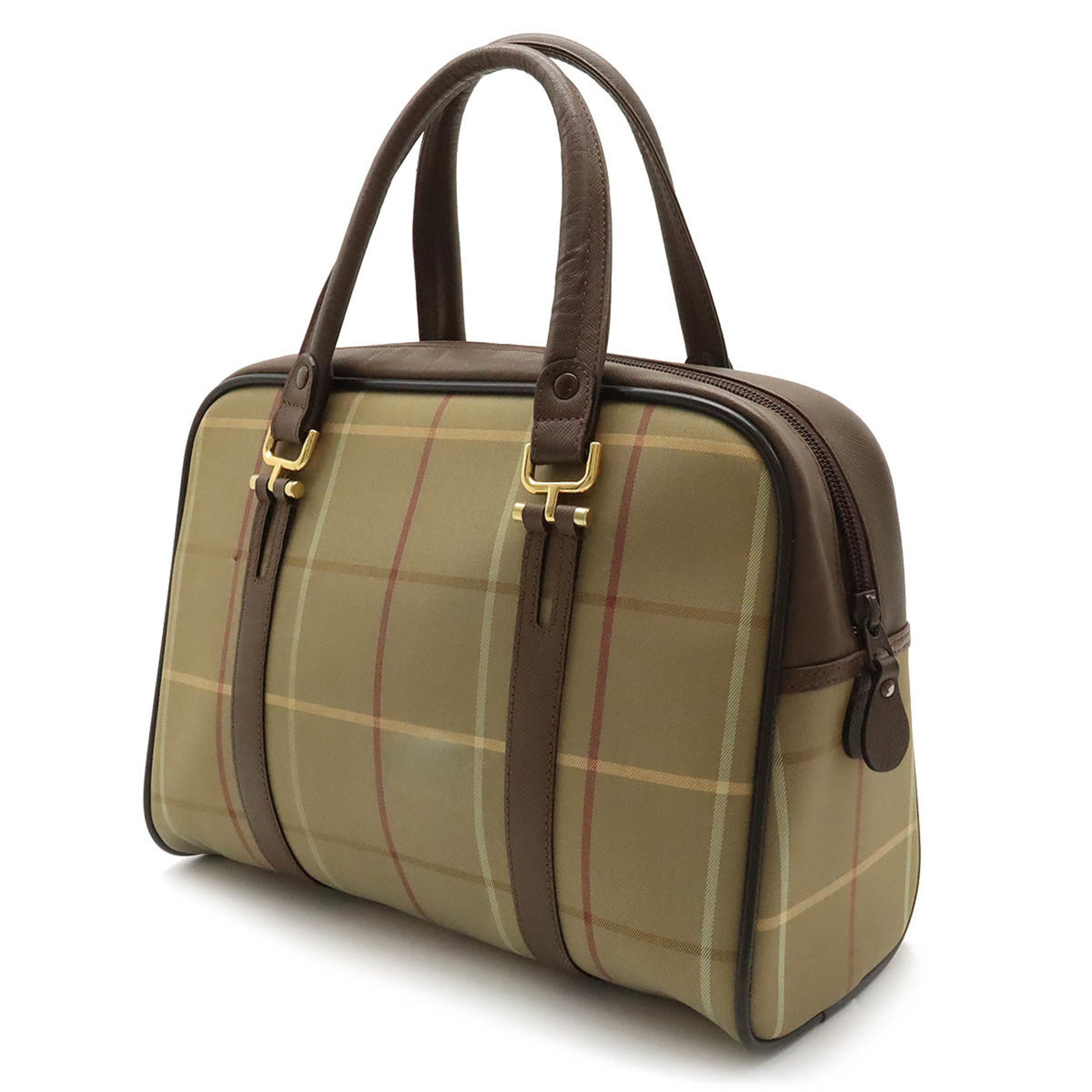 BURBERRY Checked Boston Handbag Canvas Leather Khaki Dark Brown