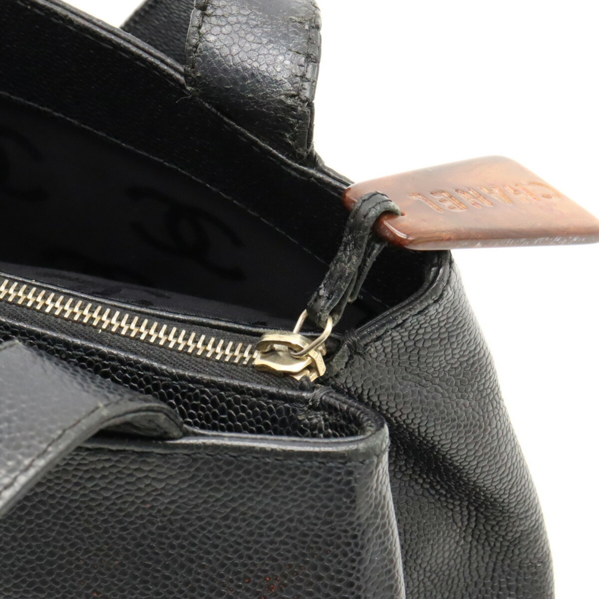 CHANEL Coco Mark Tote Bag Shoulder Wood Tone Caviar Skin Leather Black