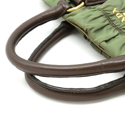 PRADA Gathered Handbag Tote Bag Shoulder Nylon Khaki Dark Brown BN1407