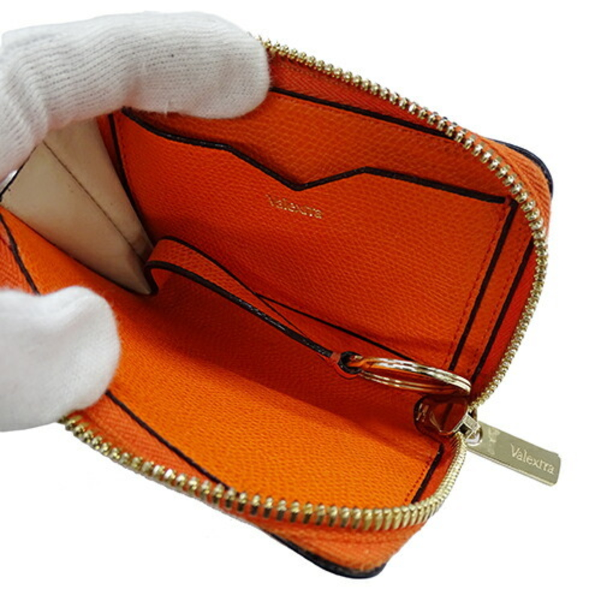 Valextra Women's Key Case, Coin Purse, Leather, Zip Holder, Orange, Compact