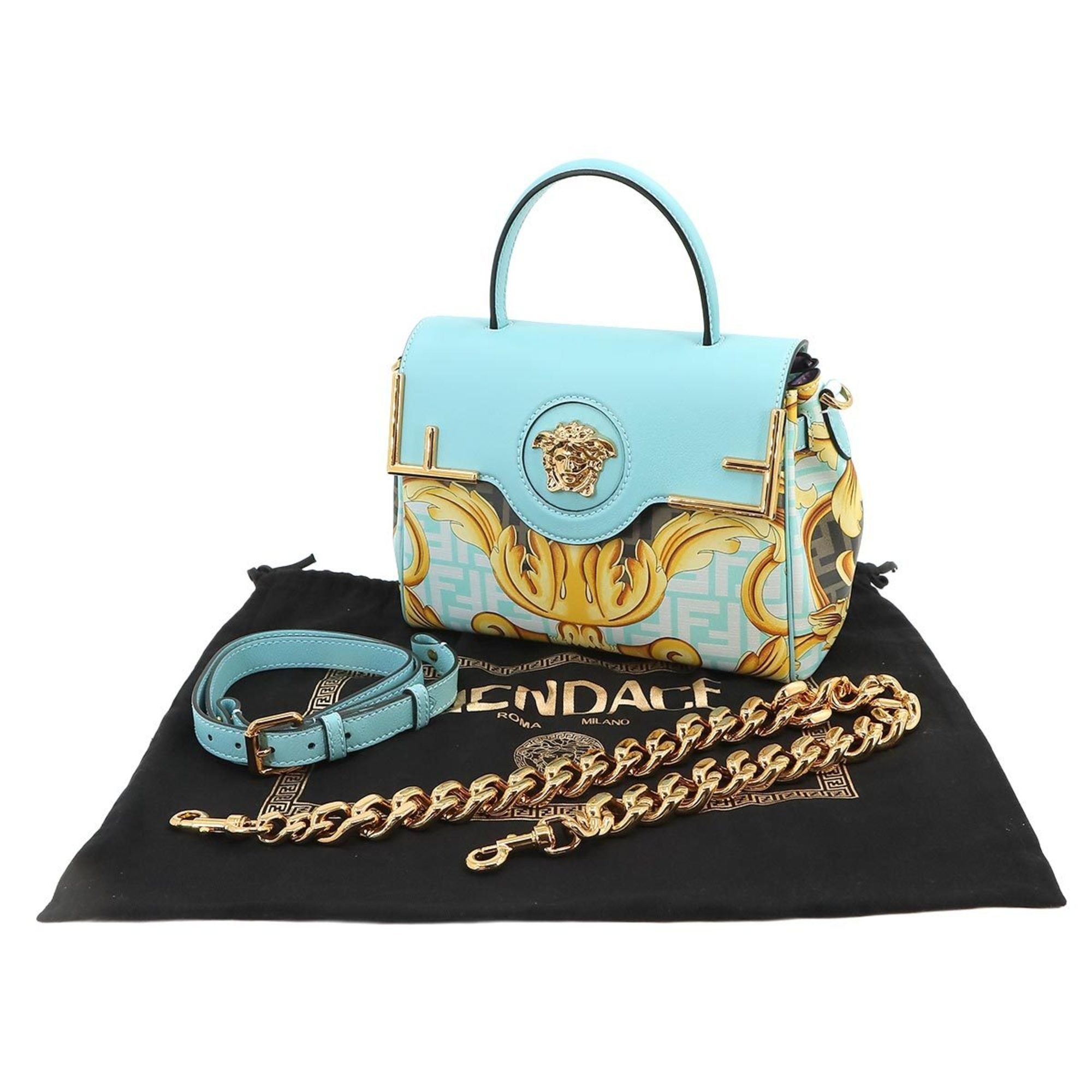 Versace VERSACE Fendace La Medusa 2way hand shoulder bag leather blue Zucca pattern DBF1039 gold hardware Bag