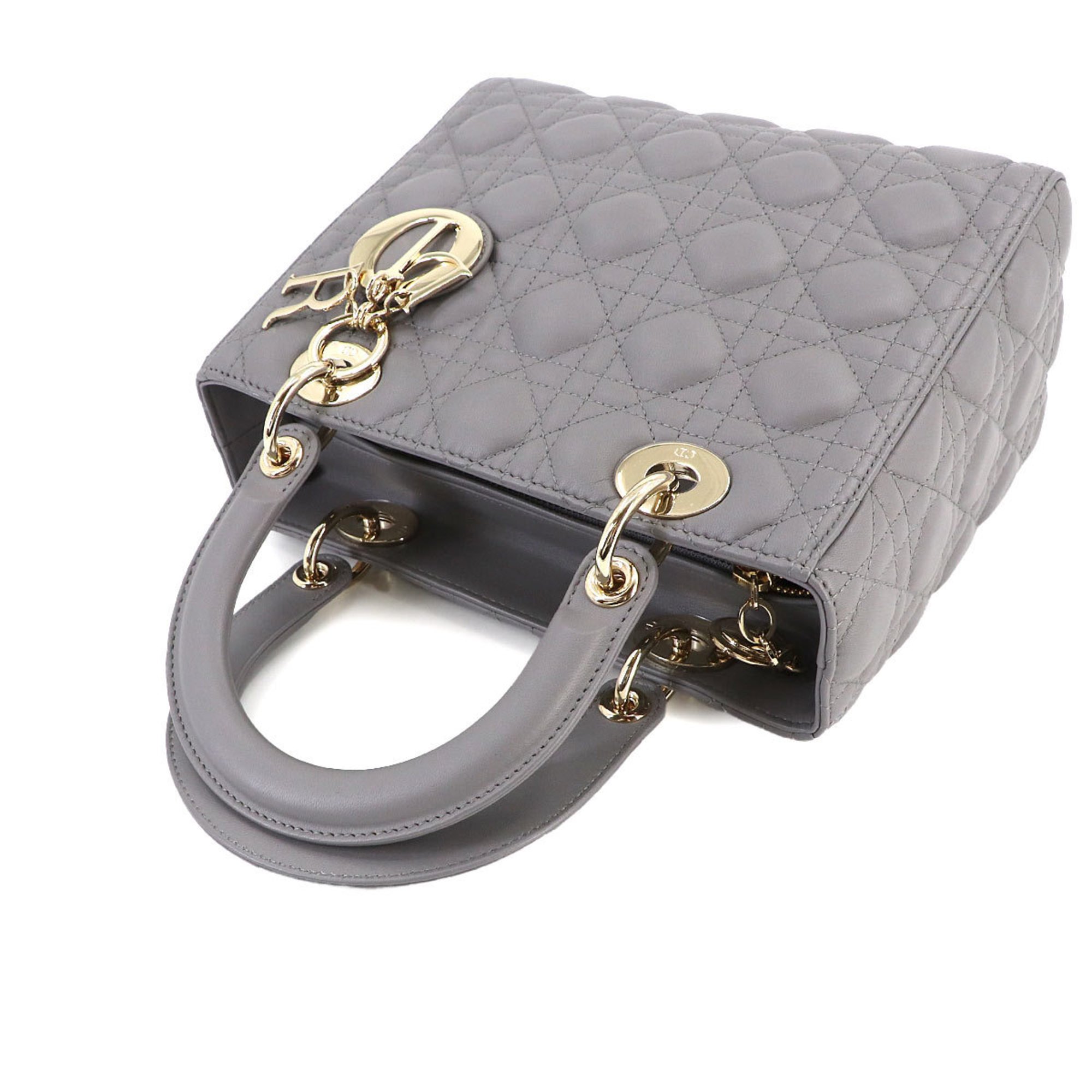 Christian Dior Lady Medium 2way Hand Shoulder Bag Leather Grey CAL44551