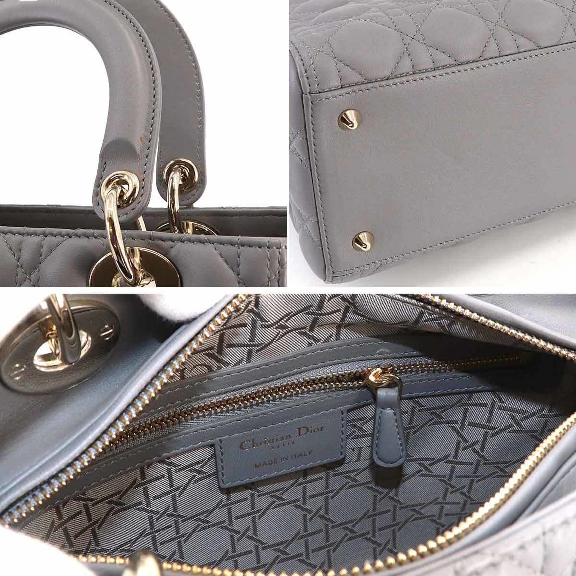 Christian Dior Lady Medium 2way Hand Shoulder Bag Leather Grey CAL44551