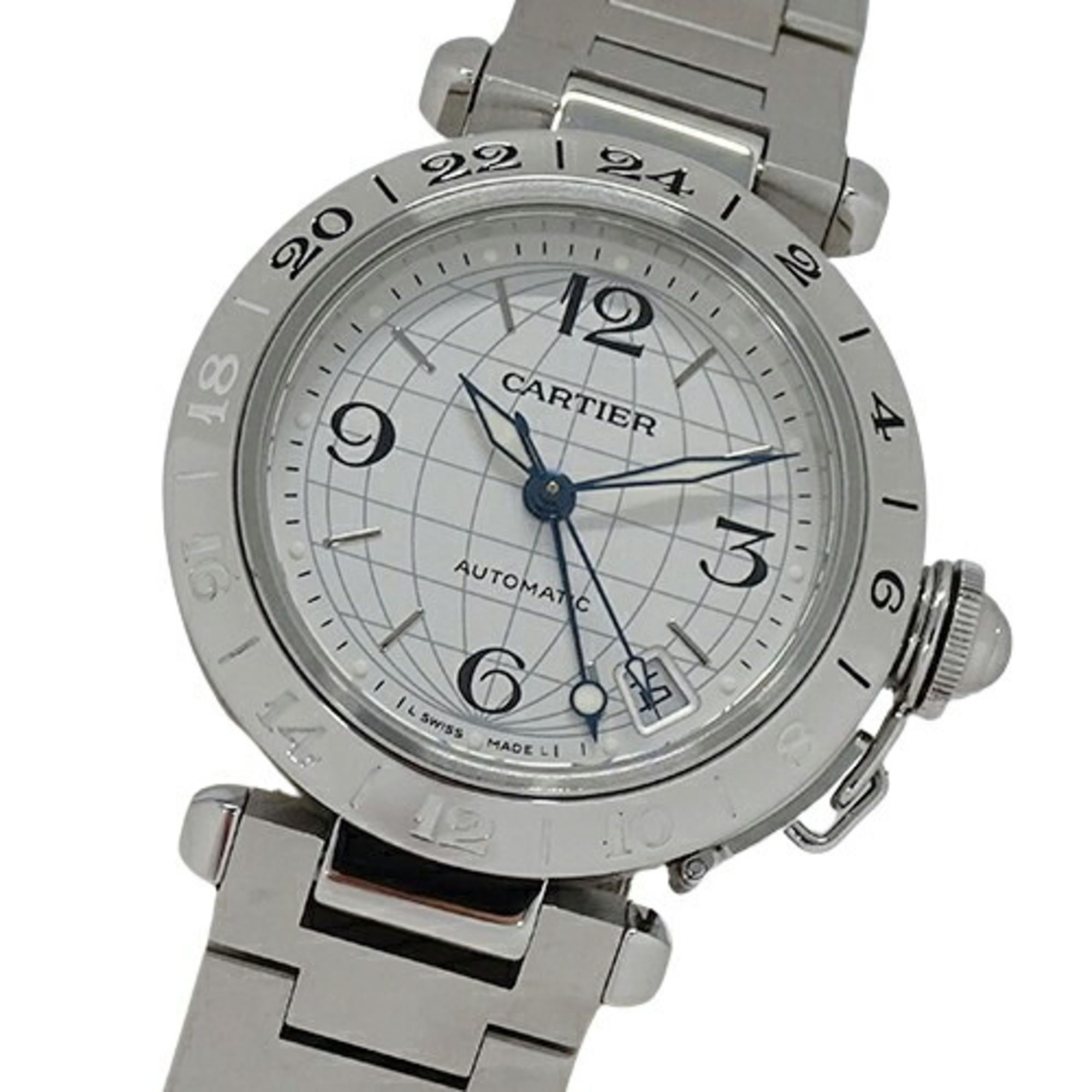 Cartier Wristwatch for Boys Pasha C Meridian Date Automatic AT Stainless Steel SS W31078M7 Silver Polished